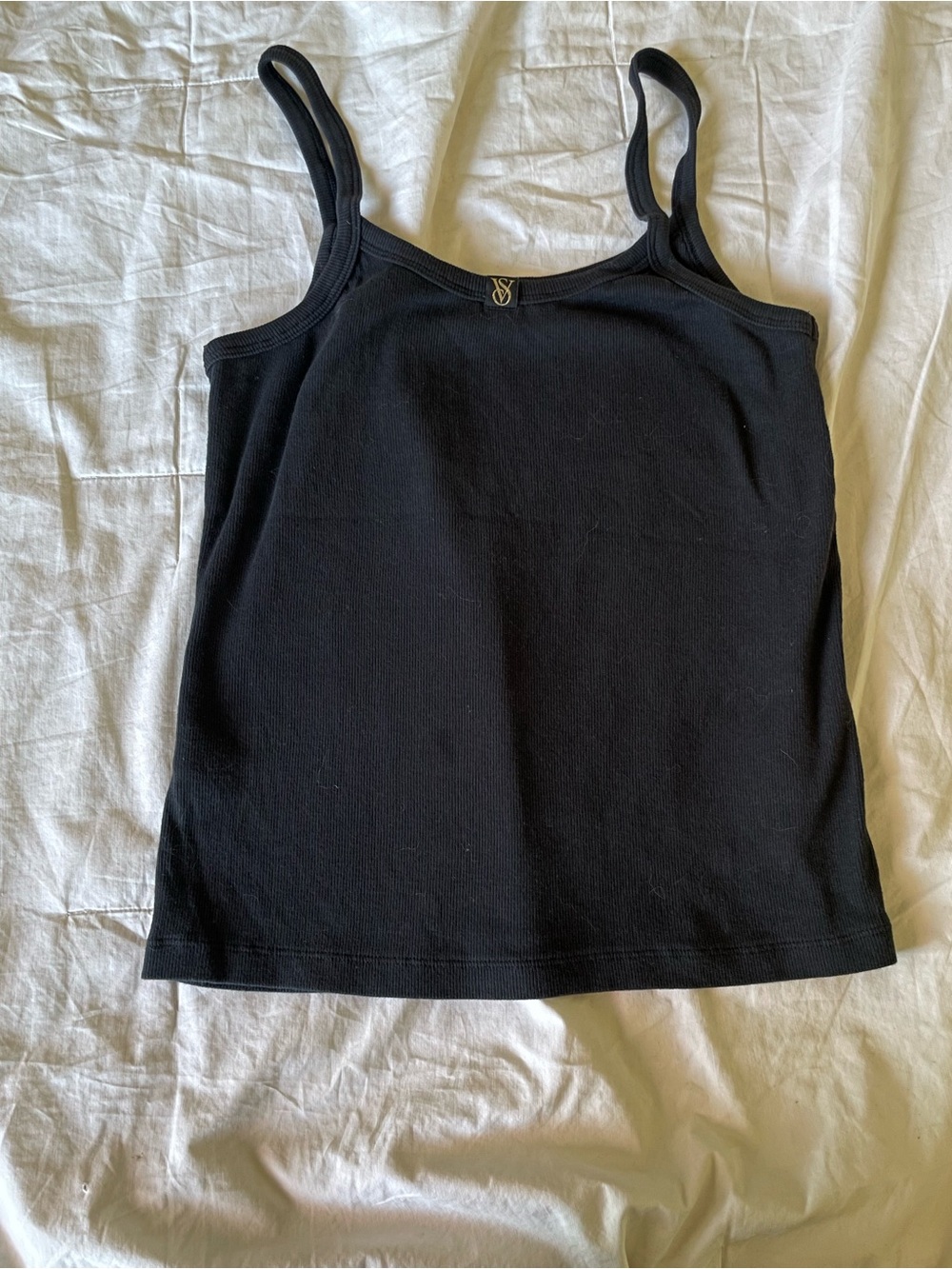 Vintage Victoria's Secret Black Spaghetti-Strap Camisole with Gold Logo Size L